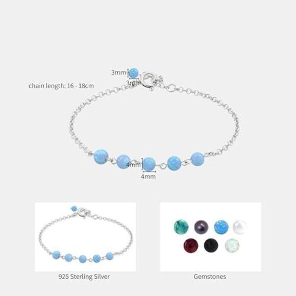 925 Sterling Silver Blue Opal Bracelet - 4mm Round Beads Blue Opal Bracelet for - Picture 7 of 7